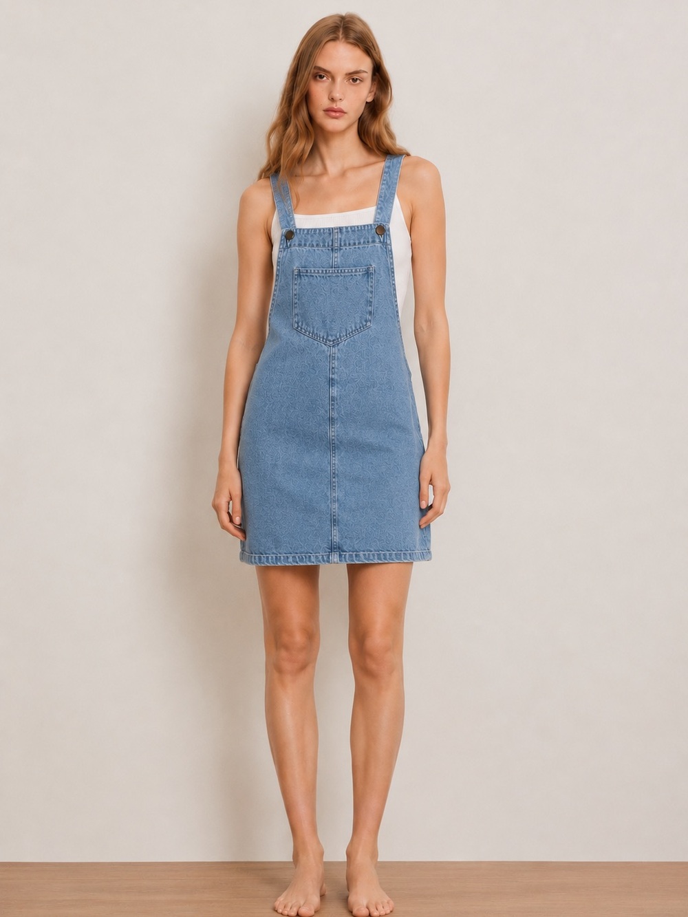 Light Blue Denim Overall Dress with Front Bib Pocket
